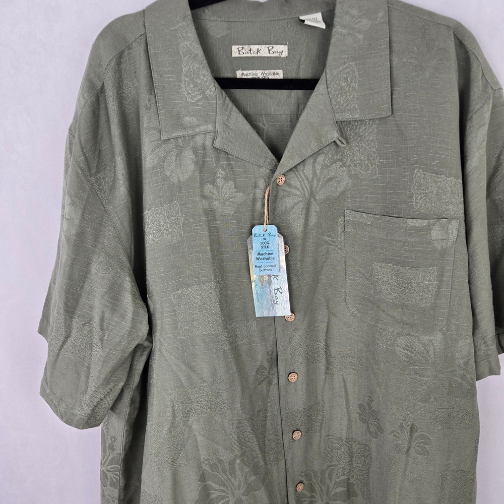 Batik Bay Mens XXL Olive Green 100% Silk Jacquard Tropical Camp Floral Shirt NWT